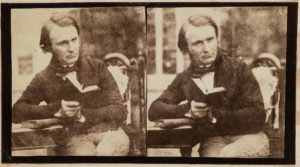 Two side by side images of a man sat with a book.