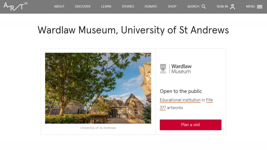 A screenshot from the Museums Art UK page, with a photo of the Wardlaw Museum and the text 'open to the public.'