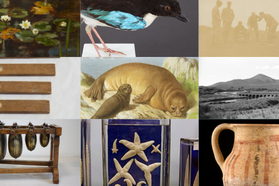 Multiple images with a mix of museum objects, photographs, and artworks