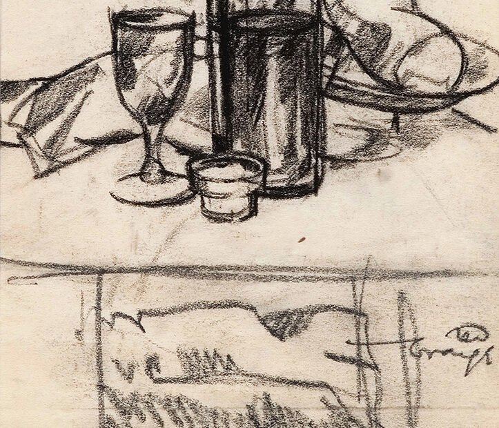 Sketch of a still life with a bottle, wine glass, and bread. Sketch of a person sitting looking out a window to a landscape.